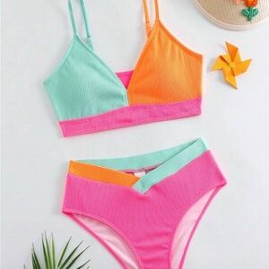 SHEIN Kids Colorblock Bikini - Orange, Pink, and Green